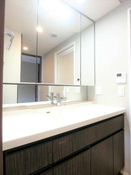 落ち着いた色味の洗面室、洗面台の三面鏡は中に棚があり、収納力が特徴です。