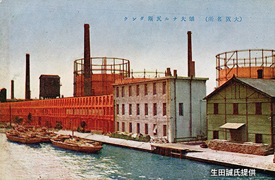 昭和前期の「大阪瓦斯 岩崎町工場」のガスタンク