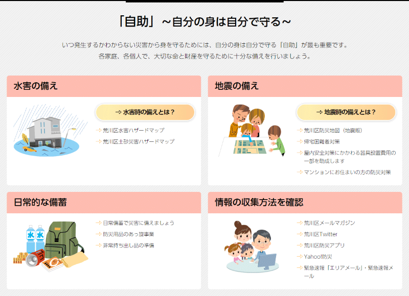 「まなBOSAI」内での「自助」のための備えの案内（荒川区ホームページより引用）