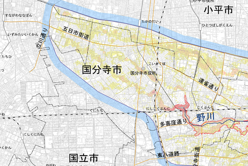 「野川、仙川、入間川、谷沢川及び丸子川流域浸水予想区域図（改定）」（国分寺市ホームページより引用）