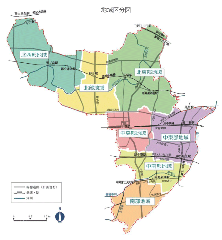 地域区分図（「中野区都市計画マスタープラン」より引用）