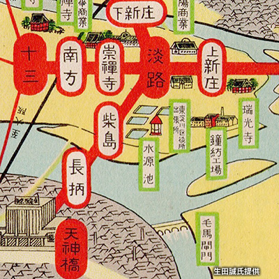 「十三駅」～「上新庄駅」間の路線図