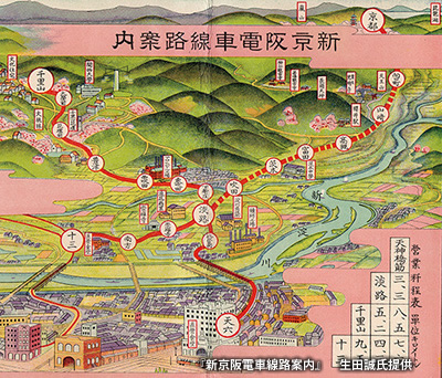 「新京阪鉄道」の路線図（「淡路駅」から京都方面への路線は開通前）