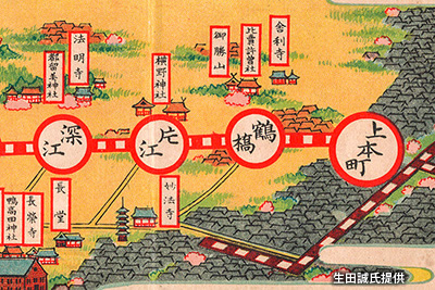 「上本町駅」（現「大阪上本町駅」）～「深江駅」（現「布施駅」）間の路線図