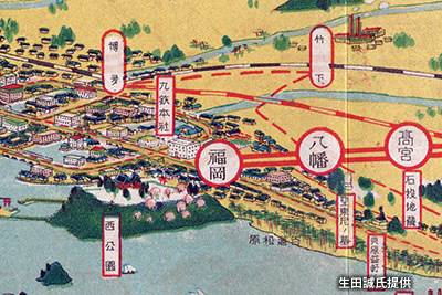 「福岡駅」（現「西鉄福岡（天神）駅」）周辺の路線図