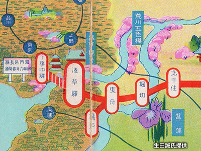 旧「浅草駅」（現「とうきょうスカイツリー駅」）～「北千住駅」間の路線図