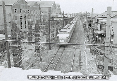 1971（昭和46）年、高架化工事が進む「梅島駅」付近の様子