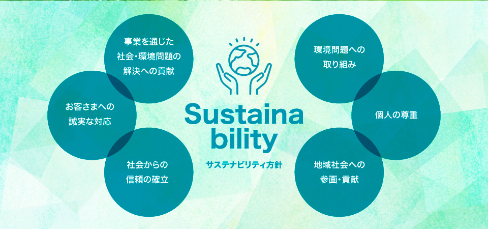事業を通じた社会・環境問題の解決への貢献　お客様への誠実な対応　社会からの信頼の確立　環境問題への取り組み　個人の尊重　地域社会への参画・貢献