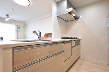 対面型オープンキッチンには食器洗浄乾燥機、浄水器付