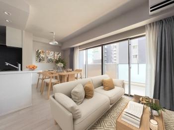 約１５．５帖のＬＤＫ。CGで作成したリフォーム・家具設置イメージです。