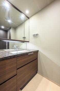 洗面化粧台　鏡の裏側は収納となっております。