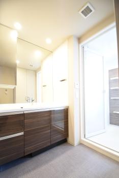 大きな鏡の洗面化粧台、下部にはヘルスメーター収納スペース有