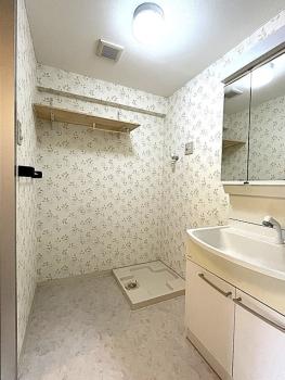 室内洗濯機置場付き。洗面ボウル下の収納スペースは小物整理に役立ちます。