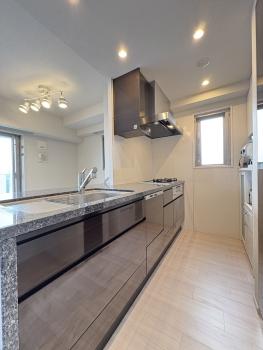 対面型オープンキッチンには、ディスポーザー、食洗機、浄水器付