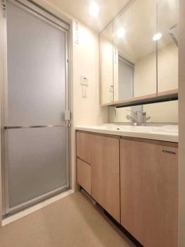 洗面室　3面鏡・収納付広々としたカウンターの洗面台