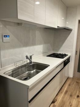 3ツ口のガラストップコンロ、浄水器付きのシステムキッチン