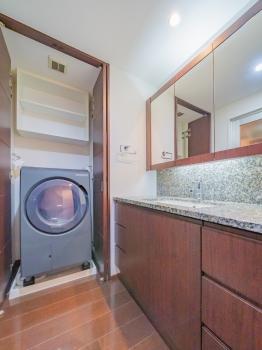 三面鏡裏収納、フリッパー扉付き洗濯機置場