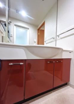 赤がアクセントの洗面台。シャワー付きで何かと便利です。
