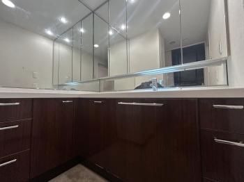 Ｌ字型の洗面台　鏡裏、ボウル下が収納になっており収納スペースが豊富です