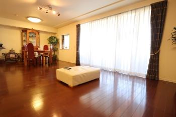 バルコニー開口部からたっぷりの光が差し込む明るいリビングです。