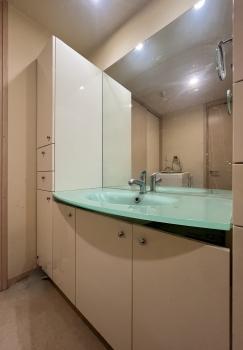 洗面所にはガラストップのボウル一体型洗面化粧台を設置