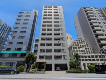 建物外観。外壁タイル張り・逆梁アウトフレーム工法による堅牢な外観。