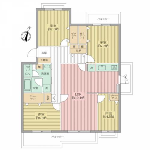 ４ＬＤＫ98.58平米　南東北の３方角住戸