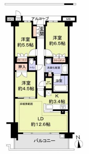 74.26平方メートル（壁芯）、3ＬＤＫ、トランクルームあり