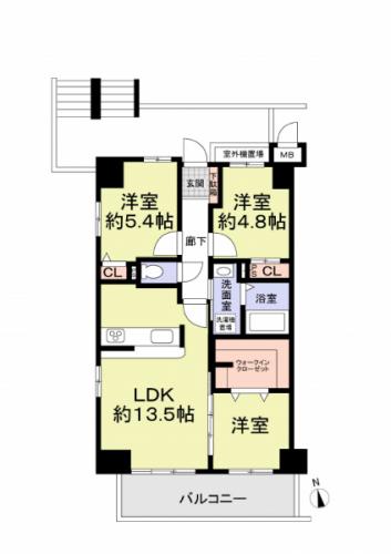 【間取】南西向き角部屋・３LDKの広々とした間取です。