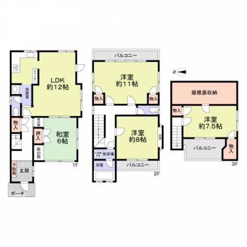 ３階建ての４LDKの間取り図面です。