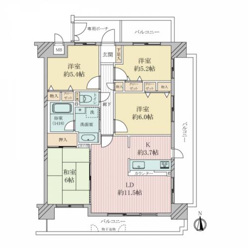 専有面積７９．６６平米、４LDKの間取です。