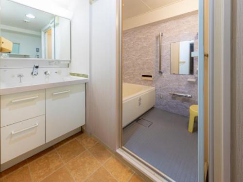 三面鏡、シャワー水栓付きの洗面台です。