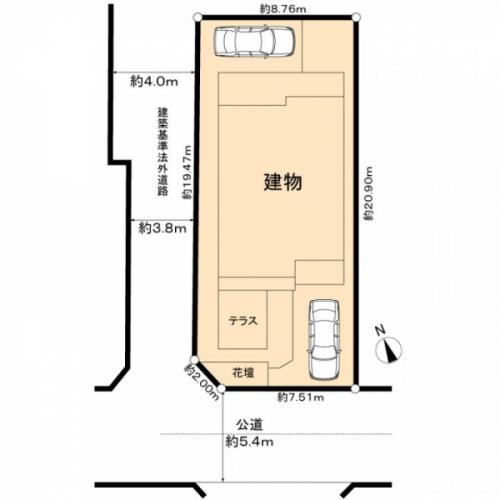 区画図　駐車場は北側、南側の2台可能です(車種による)