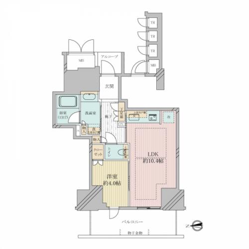 壁芯面積40.77平米（トランクルーム含む）、1LDK、西向きのお部屋です！