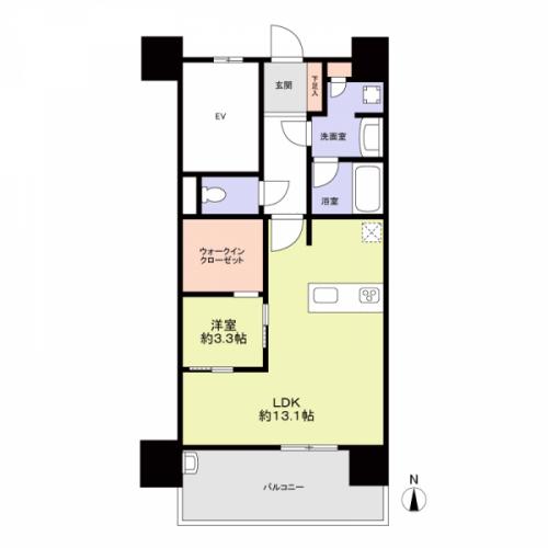 専有面積42.27平米の1LDK。LDK約13帖の間取りです
