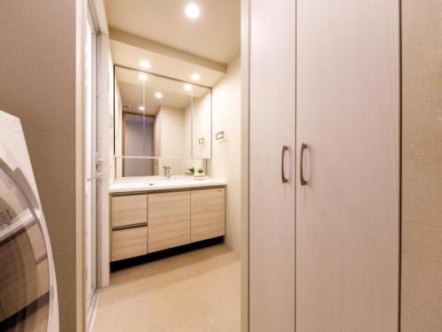 三面鏡、シャワー水栓付き洗面台