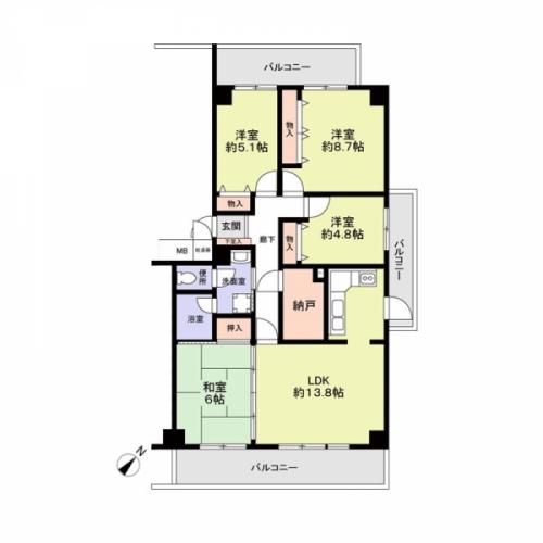 専有面積：86.34平米（壁芯）、間取り：4LDK＋納戸