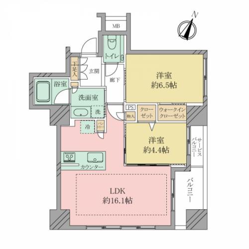 専有面積61.28平米、2LDK