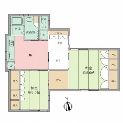 約8帖・約6帖の和室にDKを中心に動線の良い間取りです