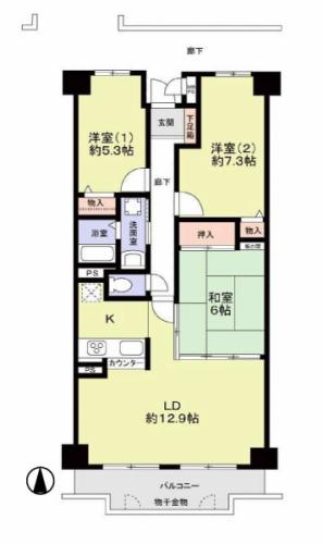 南向き。７６．２９平米　３LDKのお部屋です。