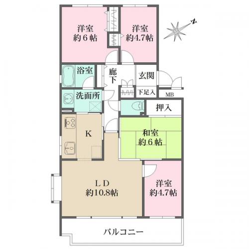 リビングダイニングと洋室がバルコニーに接しており、日当たり良好です。