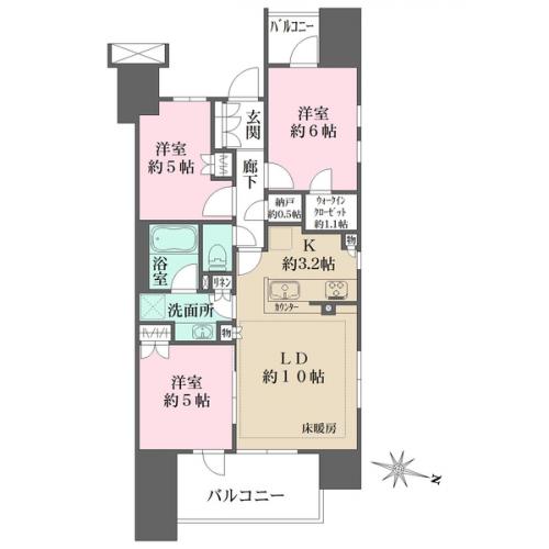 3方角住戸につき通風良好。開放感のあるお部屋です。