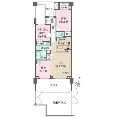 テラスと専用テラスで合計36.8m2ございます。