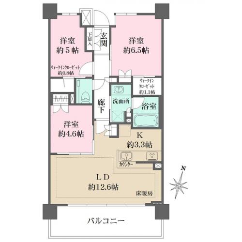 リビングとダイニングエリアの区別がしやすく採光性の高い横長タイプのLD