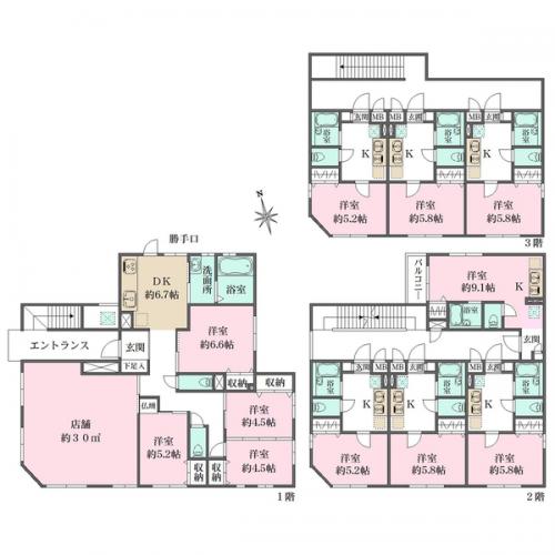 2階：1K×3戸、1R×1戸・3階：1K×3戸