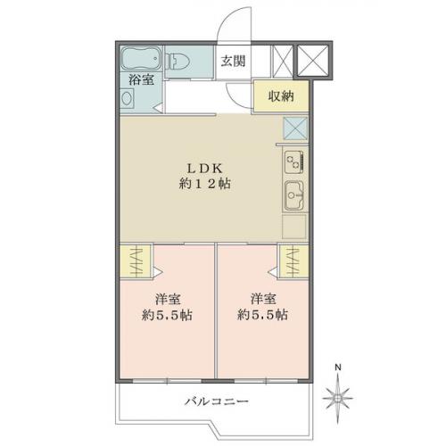 南向きにつき陽当たり良好な2LDKタイプ