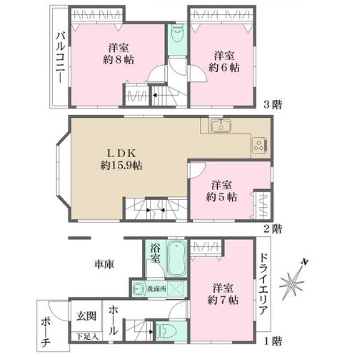 各所に開口部が豊富なため、明るく通風良好な間取です。