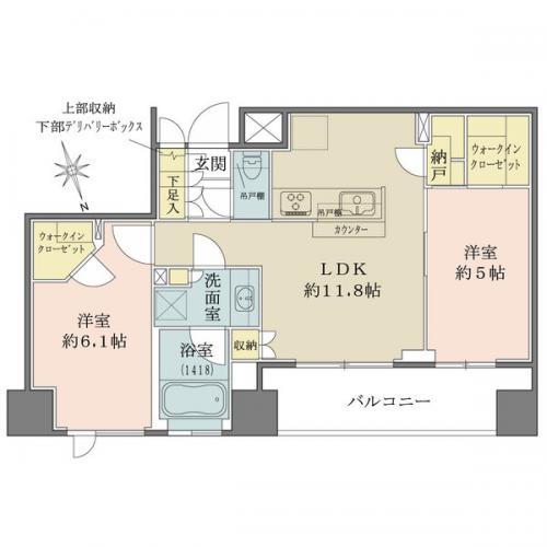 専有面積53.46平米の２LDK角住戸、全居室収納有