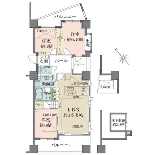 洋室約5帖上部にロフト、洋室約6帖下部に床下収納、キッチン上部に天井収納有り