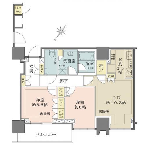 専有面積にはトランクルーム0.69m2を含みます。